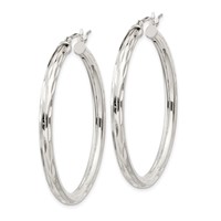 Sterling Silver Diamond-cut Satin 3x40mm Hoop Earrings view 2