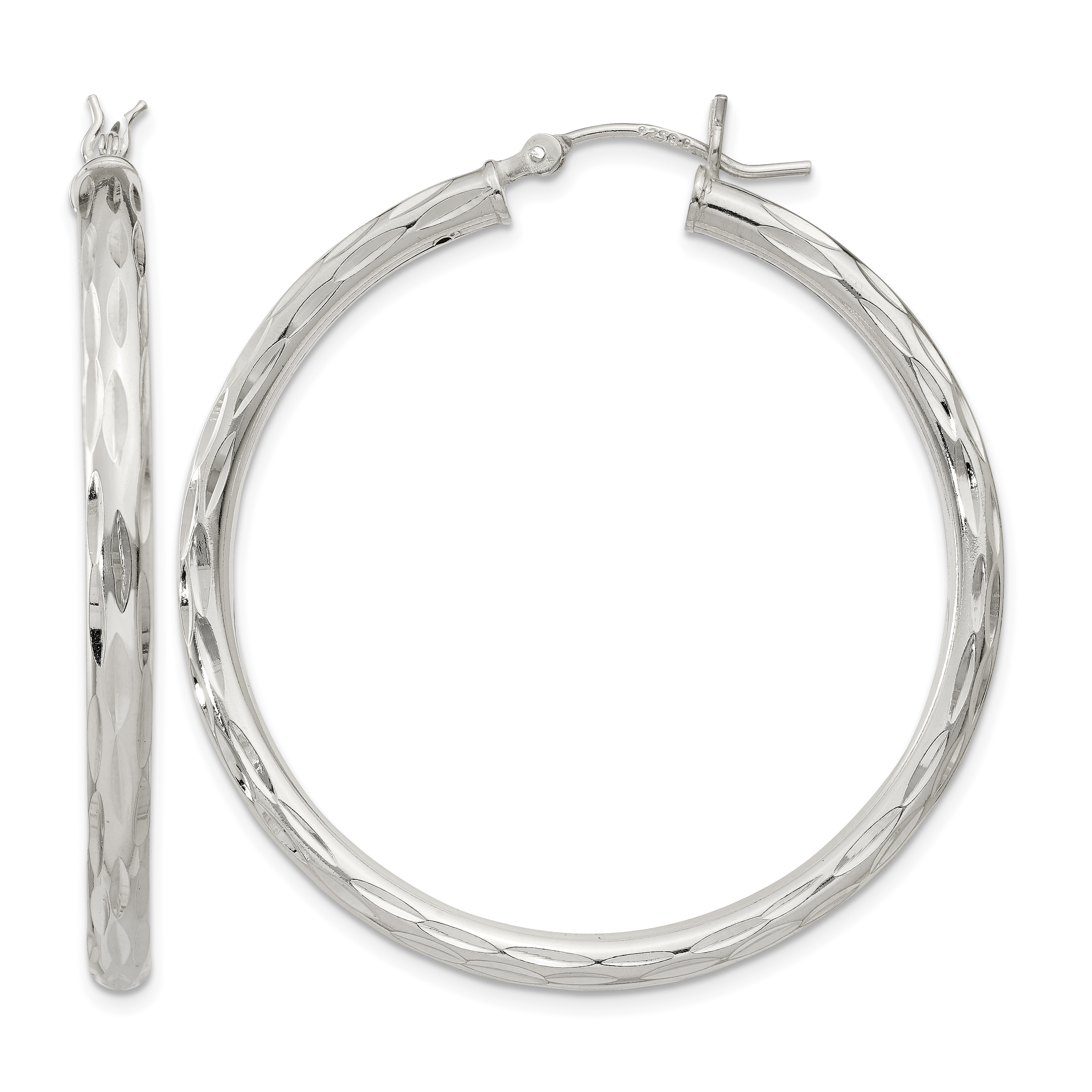 Sterling Silver Diamond-cut Satin 3x40mm Hoop Earrings (QE1968)