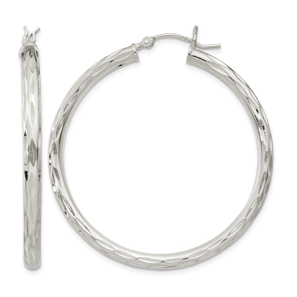 Sterling Silver Diamond-cut Satin 3x40mm Hoop Earrings (QE1968)