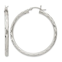 Sterling Silver Diamond-cut Satin 3x40mm Hoop Earrings view 1