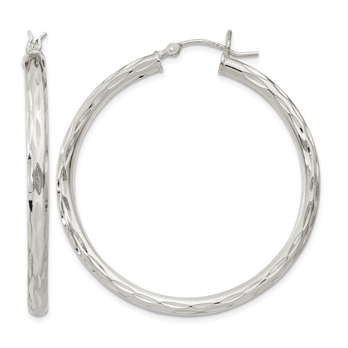 Sterling Silver Diamond-cut Satin 3x 40mm Hoop Earrings