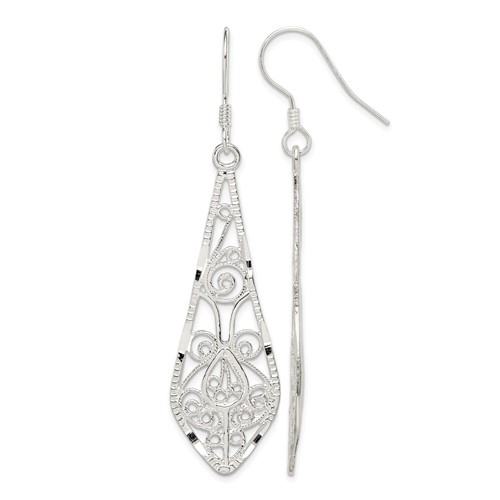 Sterling Silver Polished D C Filigree Elongated Teardrop Dangle Earrings