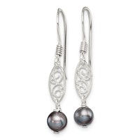 Sterling Silver Polished Filigree 5-6mm Grey Freshwater Cultured Pearl Dangle Earrings view 2