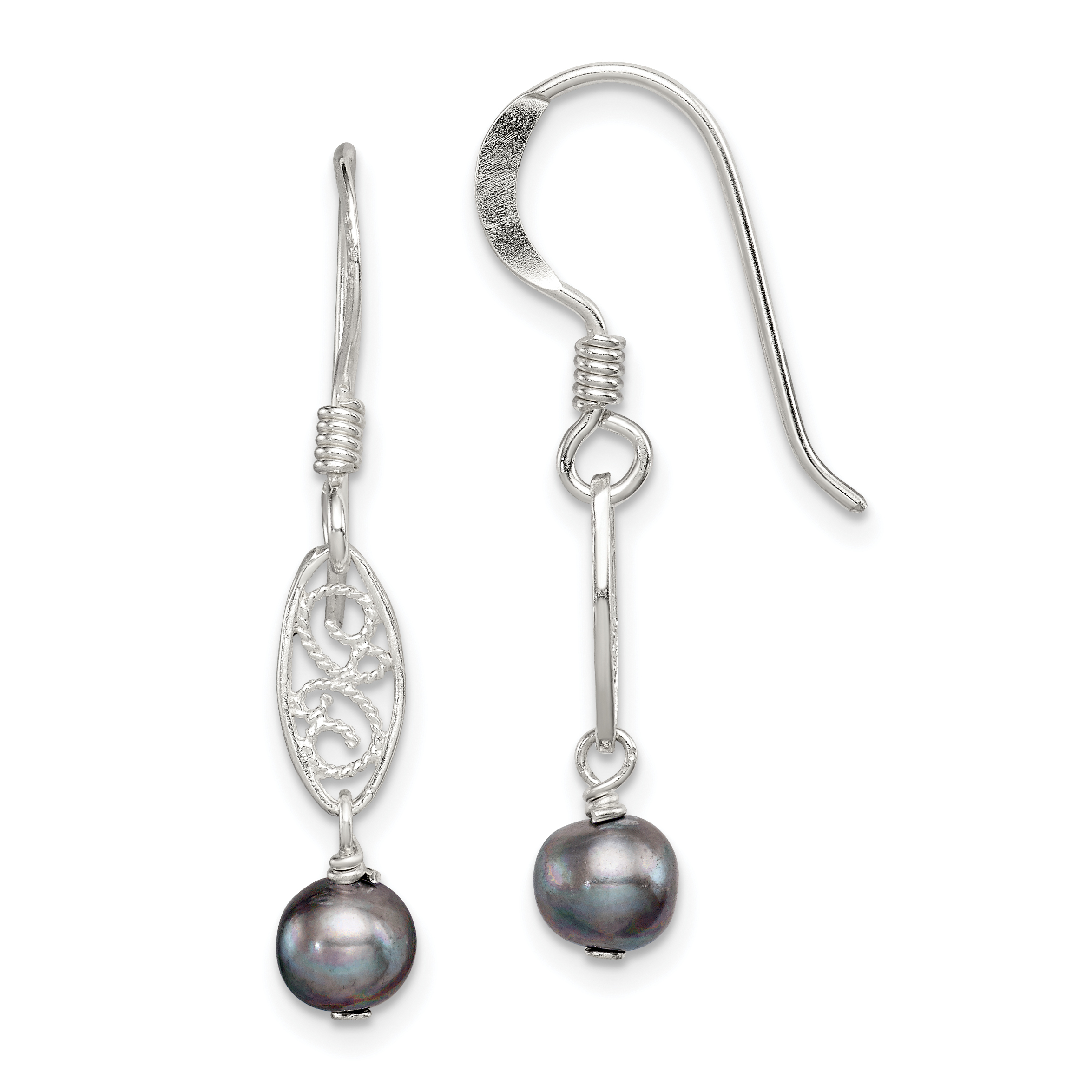 Sterling Silver Polished Filigree 5-6mm Grey Freshwater Cultured Pearl Dangle Earrings (QE2006)