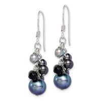 Sterling Silver Polished Black & Grey Freshwater Cultured Pearls and Onyx Dangle Earrings view 2