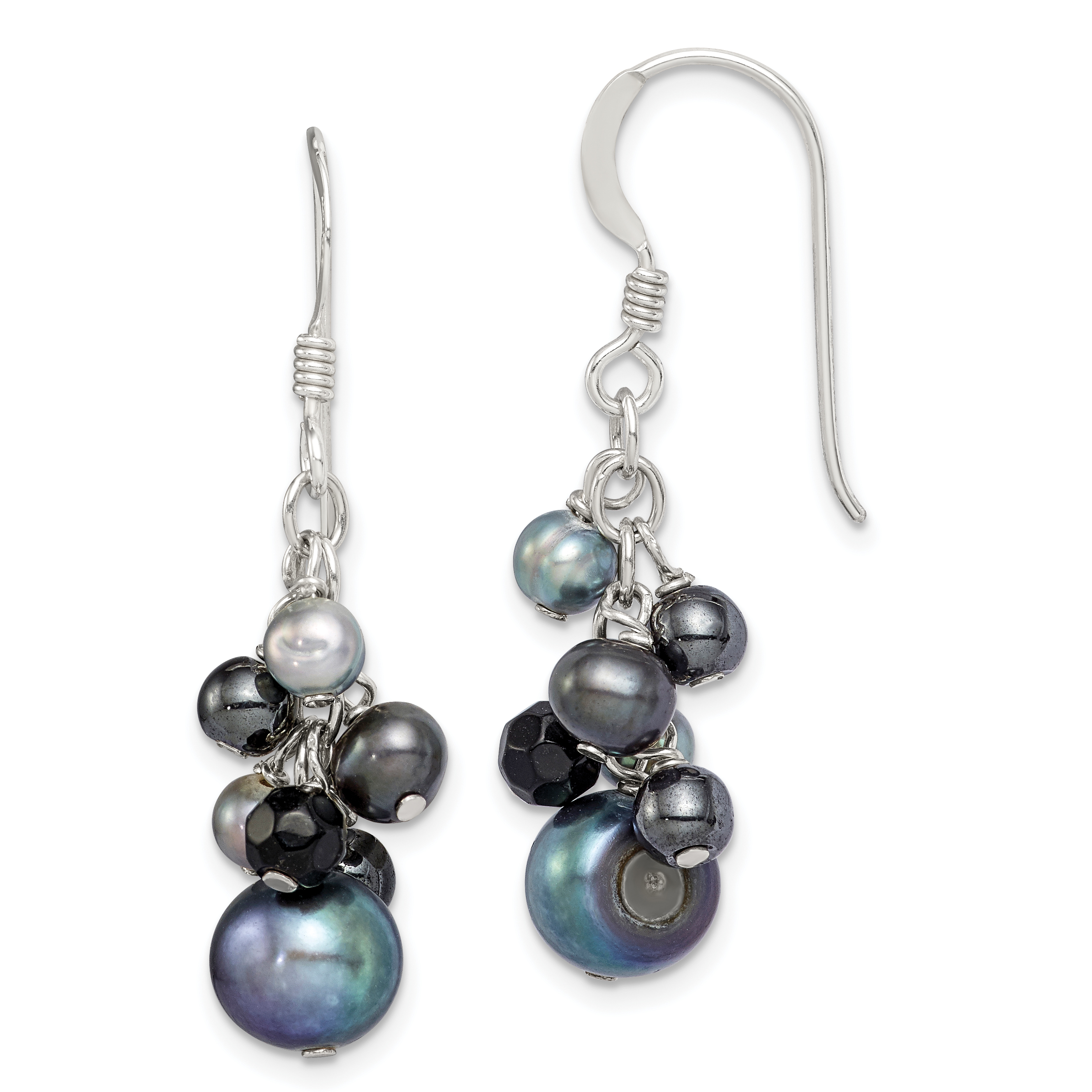 Sterling Silver Polished Black & Grey Freshwater Cultured Pearls and Onyx Dangle Earrings (QE2013)