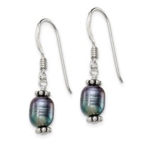Sterling Silver Polished, Antiqued & Beaded 6-7mm Rice Black Freshwater Cultured Pearl Dangle Earrings view 2