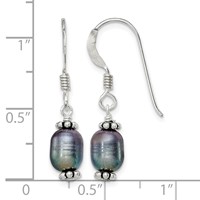 Sterling Silver Polished, Antiqued & Beaded 6-7mm Rice Black Freshwater Cultured Pearl Dangle Earrings view 4