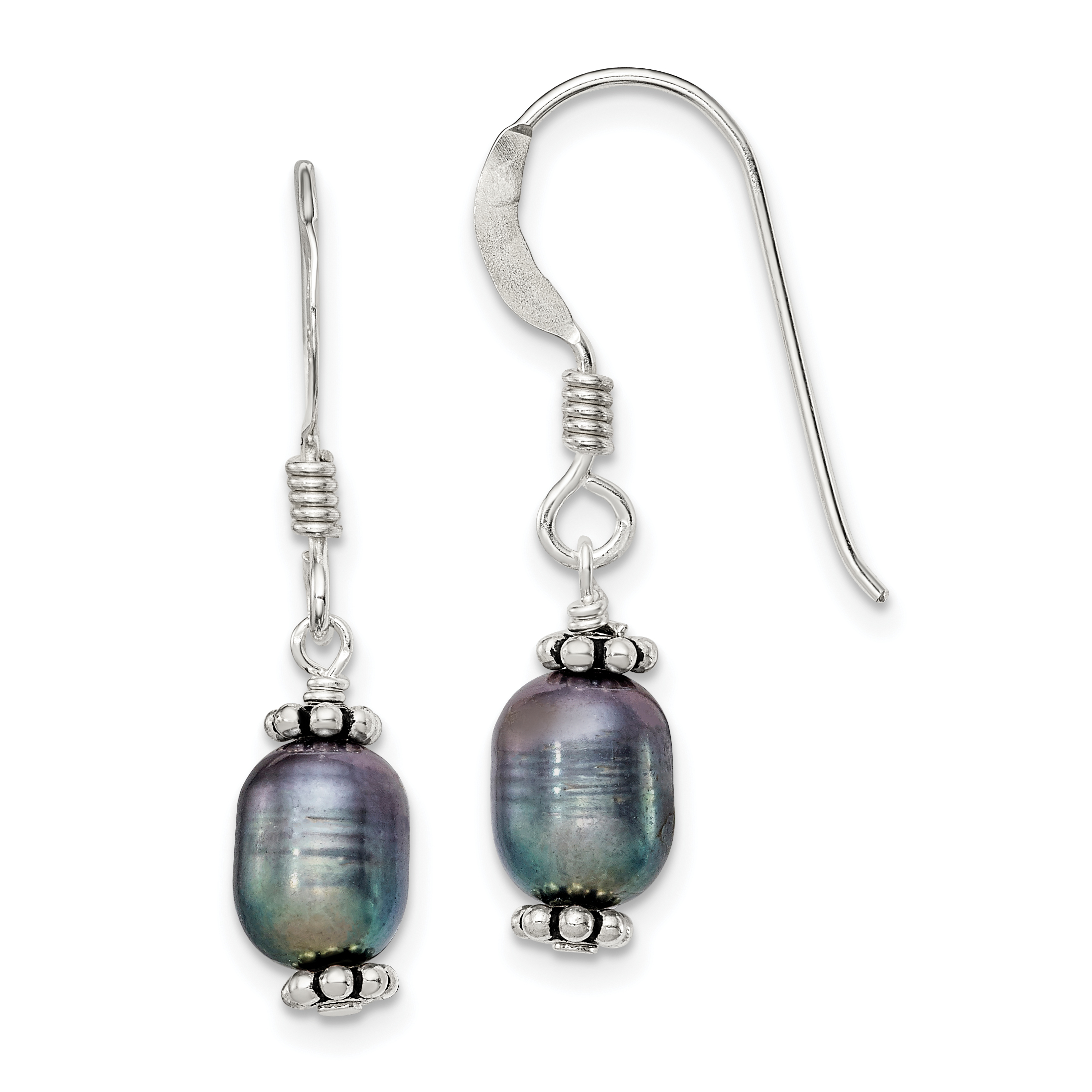 Sterling Silver Polished, Antiqued & Beaded 6-7mm Rice Black Freshwater Cultured Pearl Dangle Earrings (QE2017)