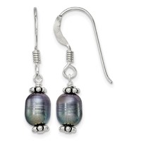 Sterling Silver Polished, Antiqued & Beaded 6-7mm Rice Black Freshwater Cultured Pearl Dangle Earrings view 1