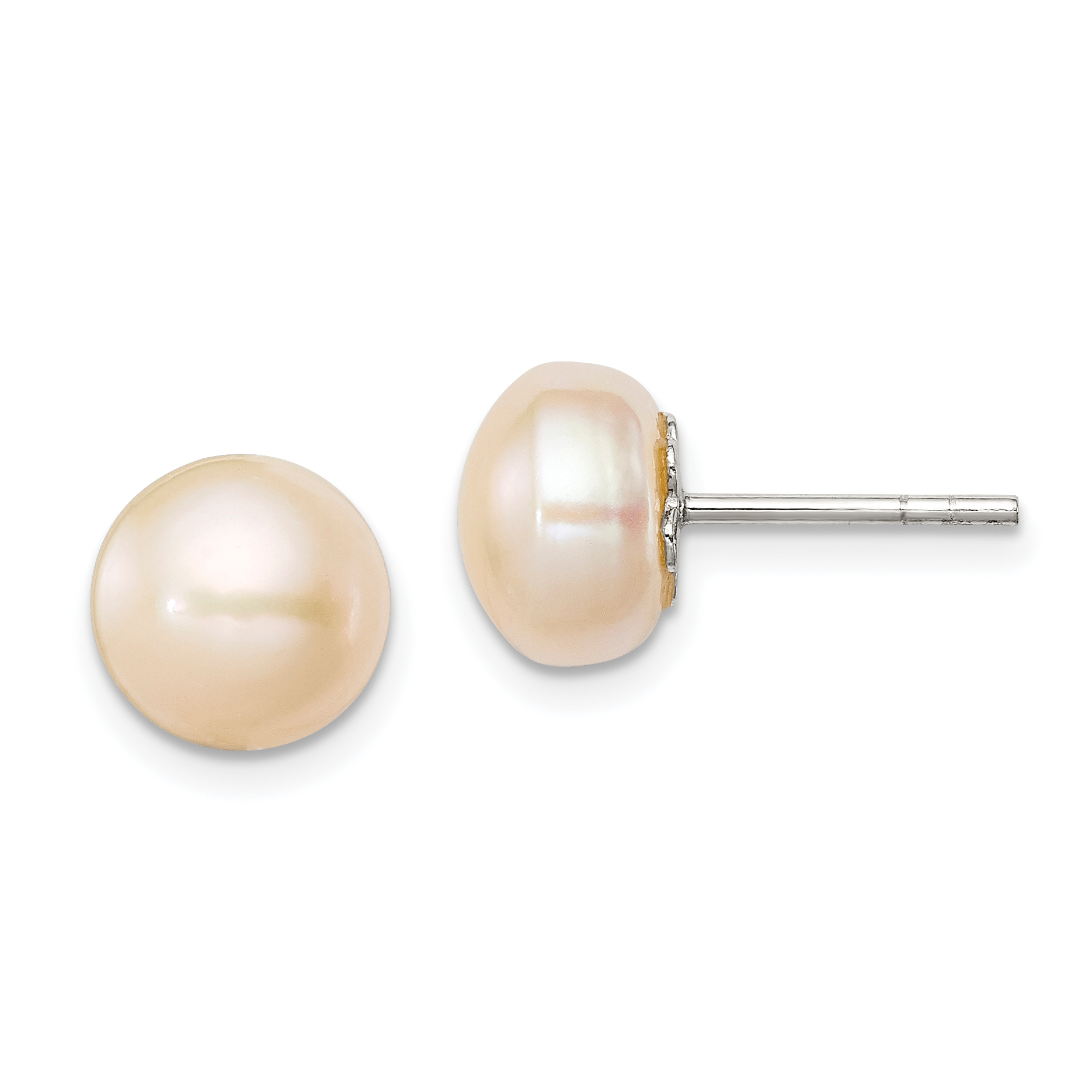 Sterling Silver Polished Peach 9-10mm Freshwater Cultured Pearl Button Post Earrings (QE2027)