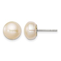 Sterling Silver Polished Peach 9-10mm Freshwater Cultured Pearl Button Post Earrings view 1