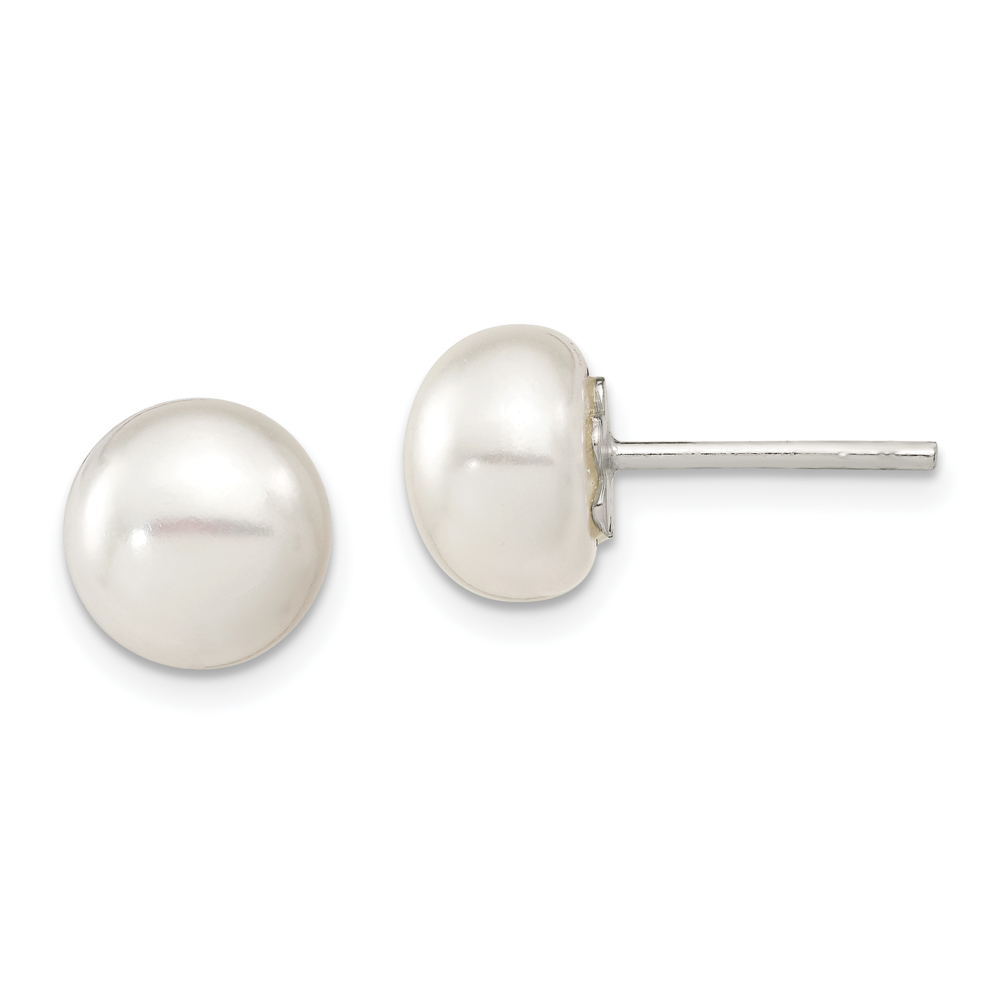 Sterling Silver White FW Cultured Pearl 9-10mm Button Earrings (QE2033)