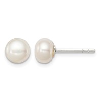 Sterling Silver White FW Cultured Pearl 6-7mm Button Earrings view 1
