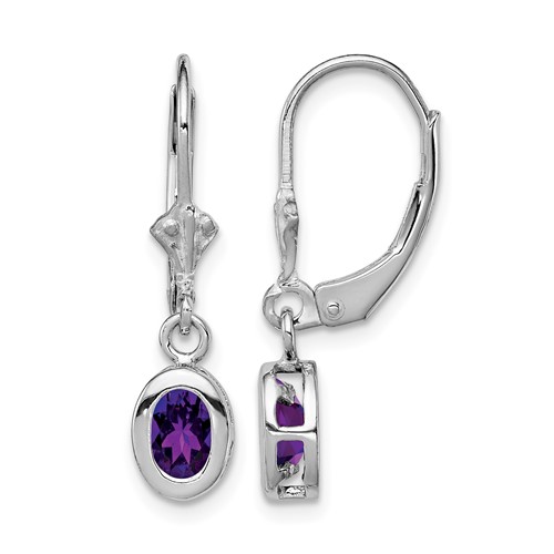 Sterling Silver Rhodium Plated 6x 4mm Oval Amethyst Leverback Earrings