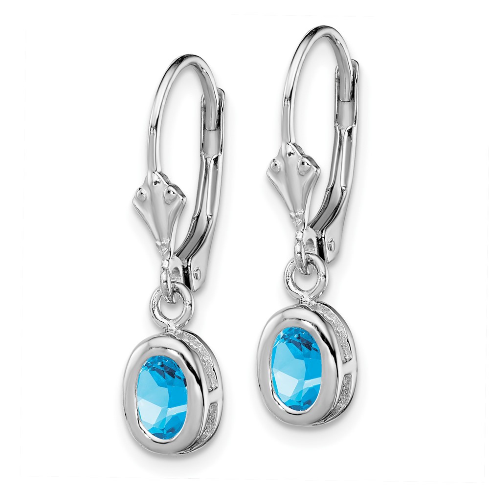 Sterling Silver Rhodium Plated 6x4mm Oval Blue Topaz Leverback Earrings (QE2042BT)