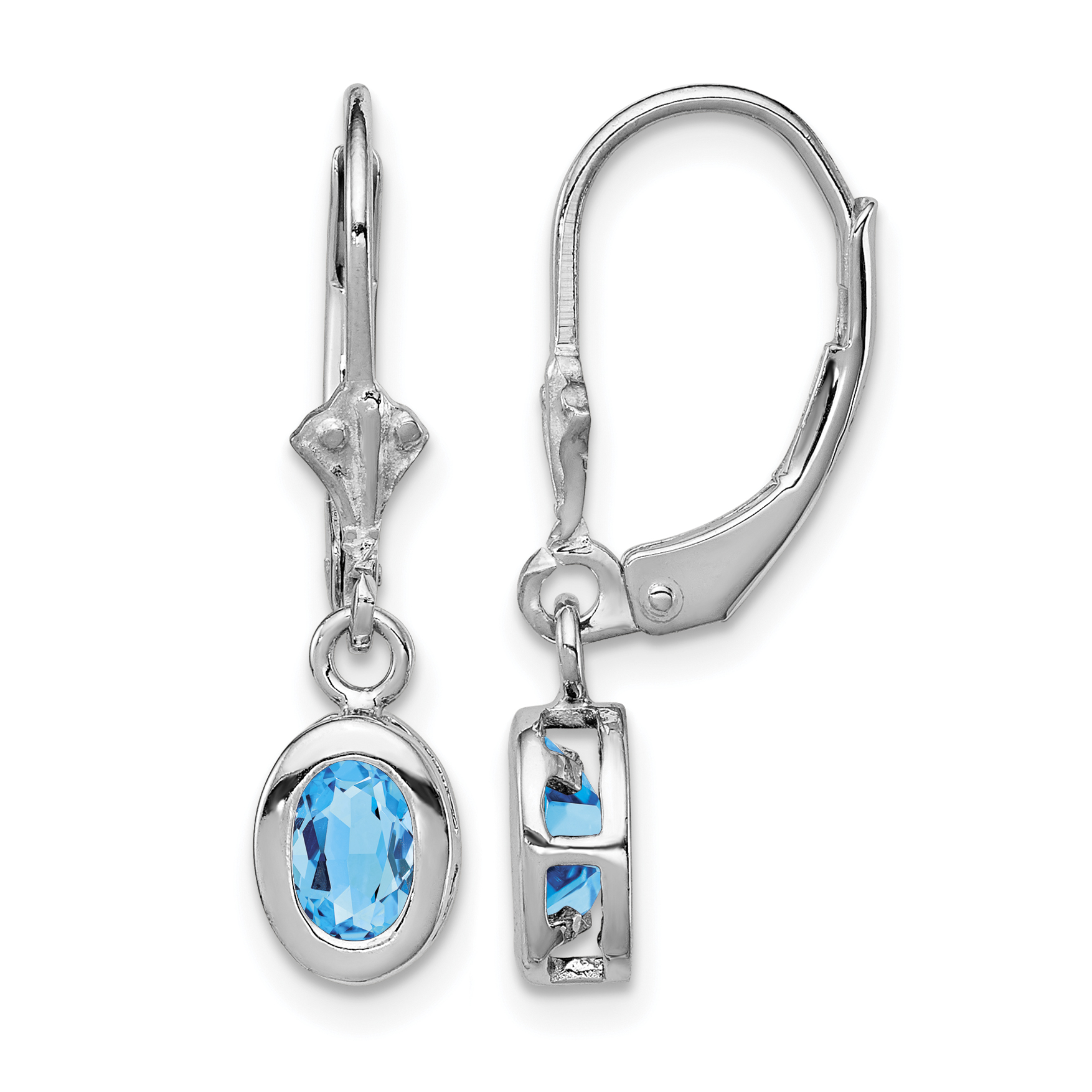 Sterling Silver Rhodium Plated 6x4mm Oval Blue Topaz Leverback Earrings (QE2042BT)