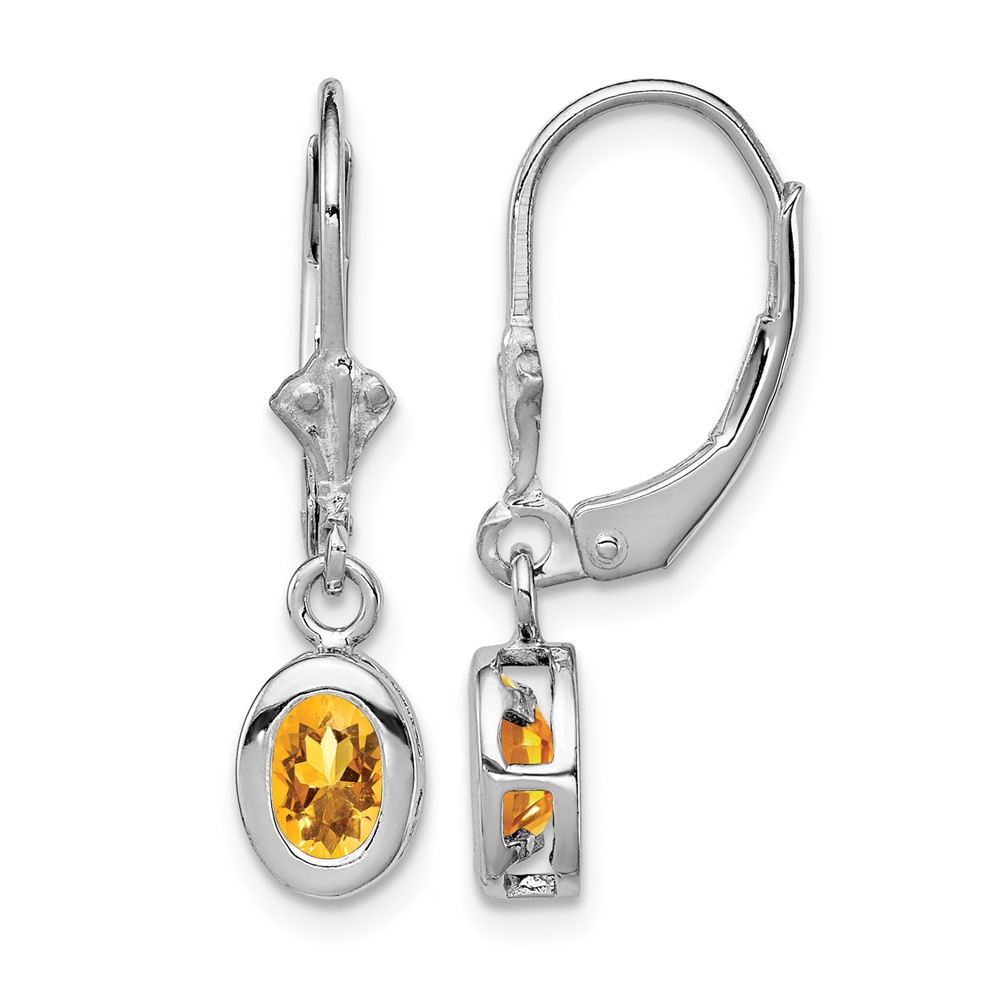Sterling Silver Rhodium Plated 6x 4mm Oval Citrine Leverback Earrings