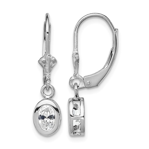 Sterling Silver Rhodium Plated 6x 4mm Oval CZ Leverback Earrings