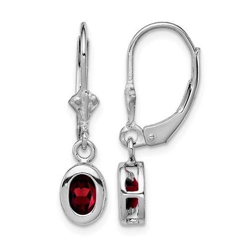Sterling Silver Rhodium 6x 4mm Oval Garnet Leverback Earrings