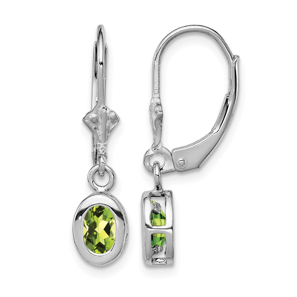 Sterling Silver Rhodium Plated 6x 4mm Oval Peridot Leverback Earrings
