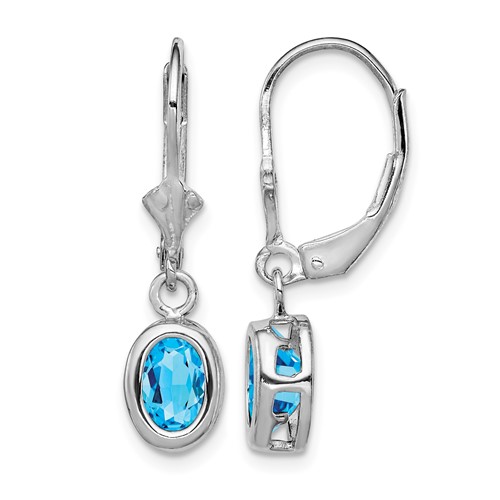 Sterling Silver Rhodium Plated 7x 5mm Oval Blue Topaz Leverback Earrings
