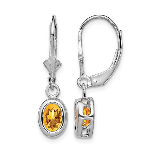 Sterling Silver Rhodium Plated 7x 5mm Oval Citrine Leverback Earrings