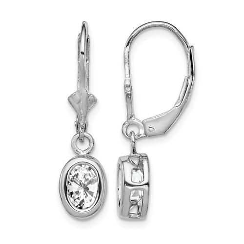 Sterling Silver Rhodium Plated 7x 5mm Oval CZ Leverback Earrings
