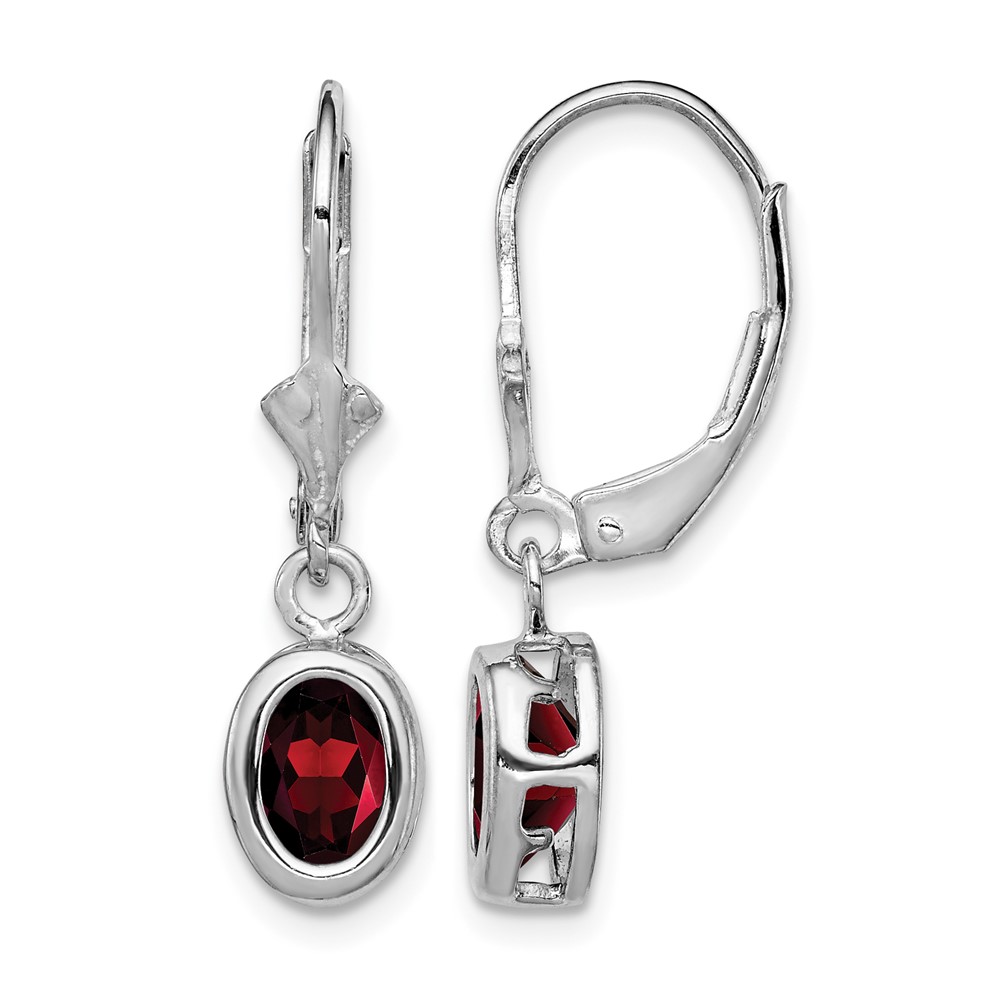 Sterling Silver Rhodium Plated 7x 5mm Oval Garnet Leverback Earrings
