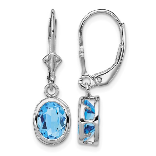 Sterling Silver Rhodium Plated 8x 6mm Oval Blue Topaz Leverback Earrings