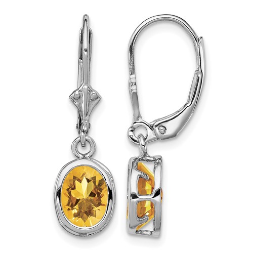 Sterling Silver Rhodium Plated 8x 6mm Oval Citrine Leverback Earrings