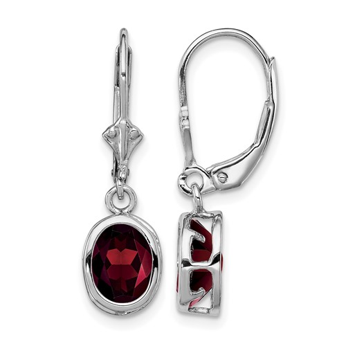 Sterling Silver Rhodium Plated 8x 6mm Oval Garnet Leverback Earrings