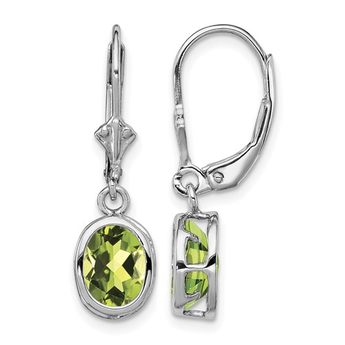 Sterling Silver Rhodium Plated 8x 6mm Oval Peridot Leverback Earrings