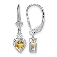 Sterling Silver Rhodium Plated 5mm Heart Citrine Leverback Earrings view 1