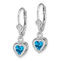 Sterling Silver Rhodium Plated 6mm Heart Blue Topaz Leverback Earrings view 2