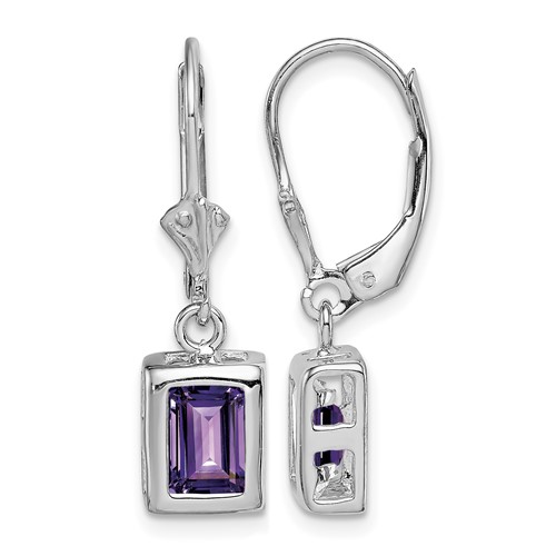 Sterling Silver RH Plated 7x 5 Emerald Cut Amethyst Leverback Earrings