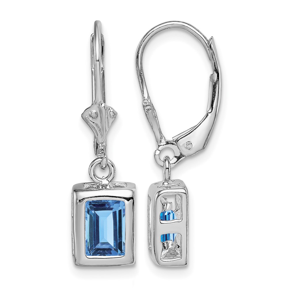Sterling Silver RH Plated 7x 5 Emerald Cut Blue Topaz Leverback Earrings