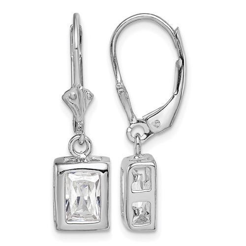 Sterling Silver Rhodium Plated 7x 5 Emerald Cut CZ Leverback Earrings
