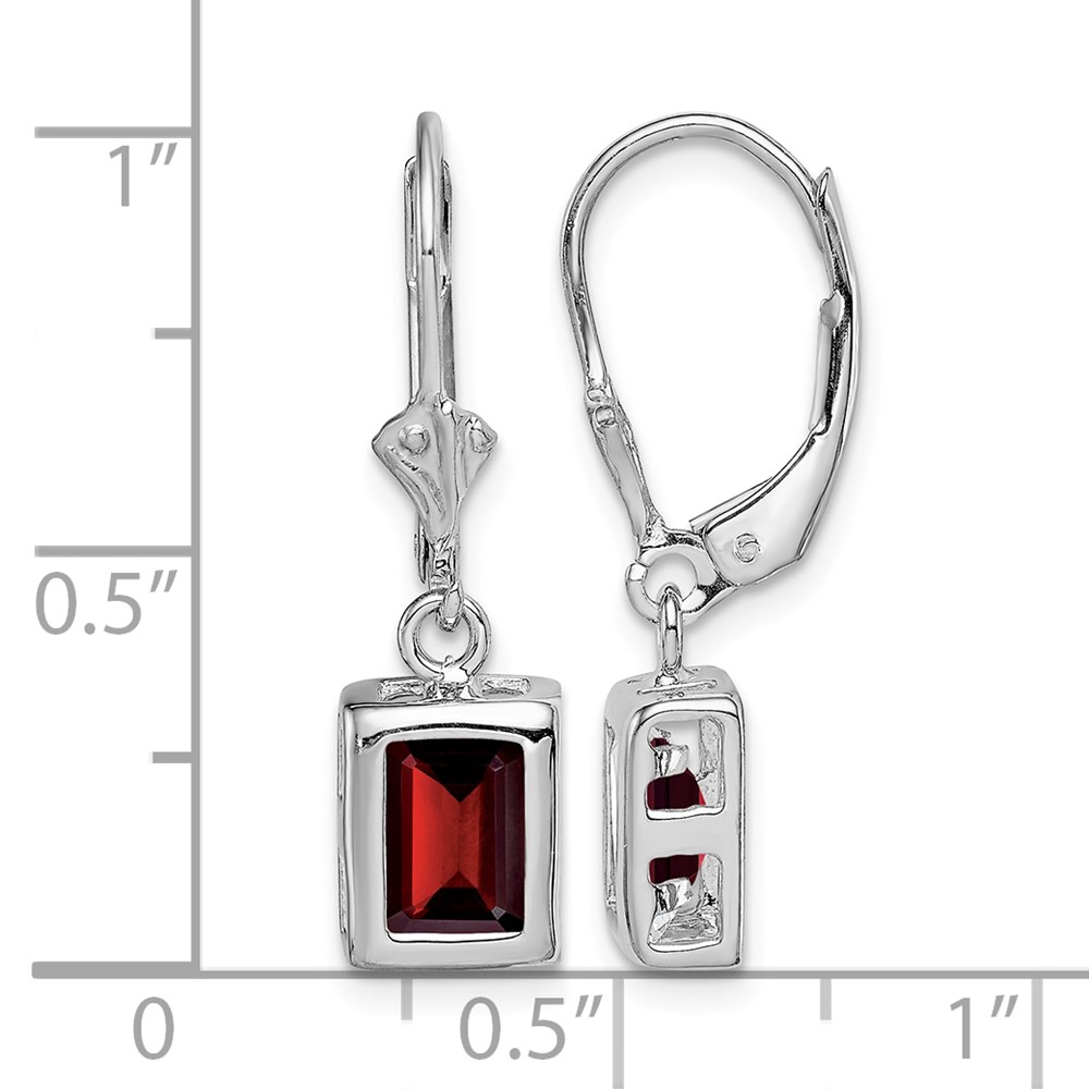 Sterling Silver Rhodium Plated 7x5 Emerald Cut Garnet Leverback Earrings (QE2048GA)