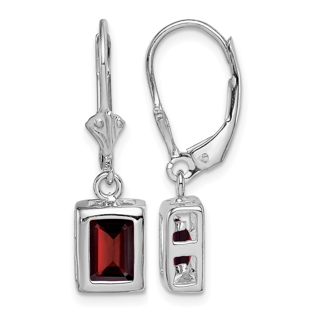 Sterling Silver Rhodium Plated 7x5 Emerald Cut Garnet Leverback Earrings (QE2048GA)