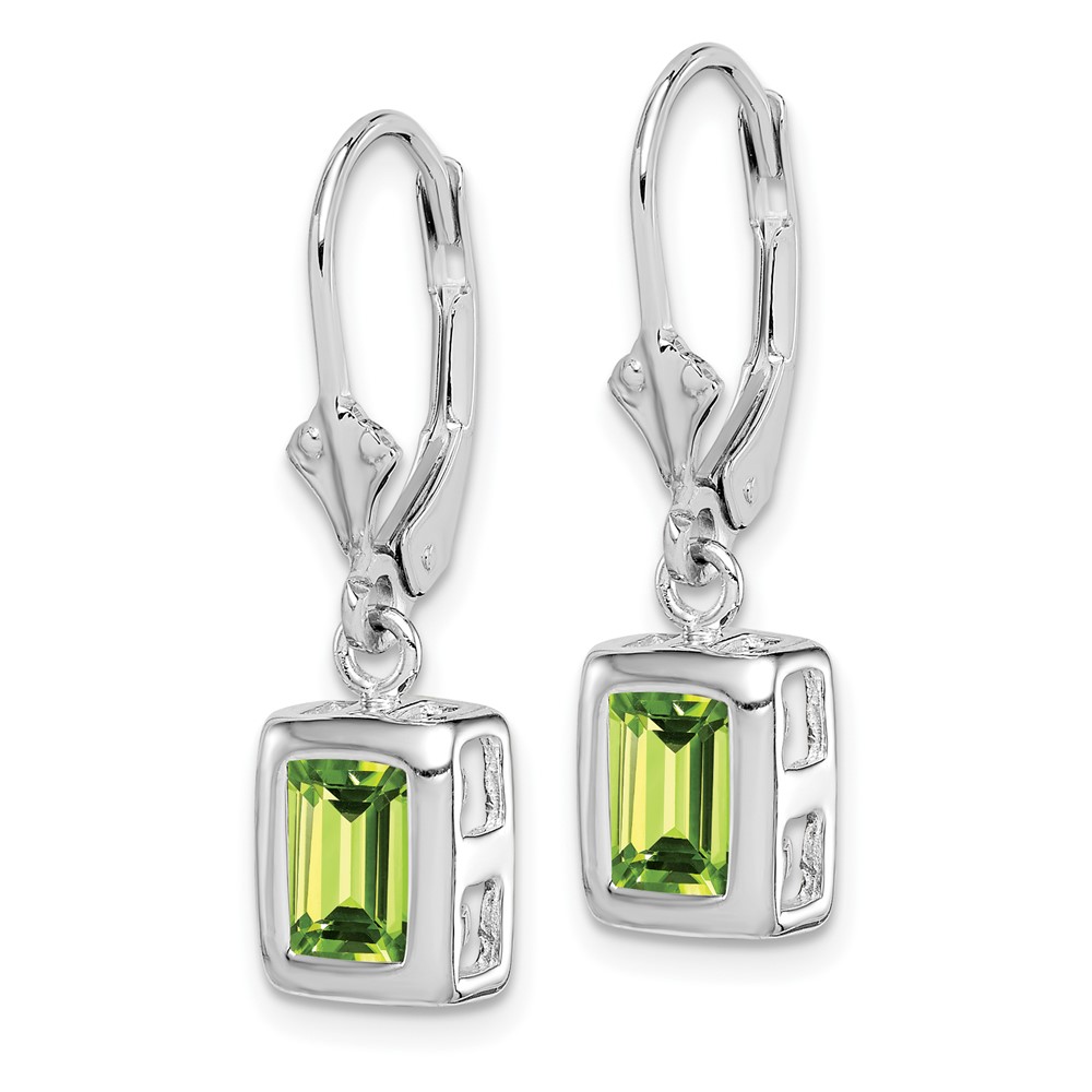 Sterling Silver Rhodium Plated 7x5 Emerald Cut Peridot Leverback Earrings (QE2048PE)