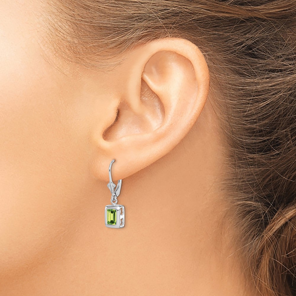 Sterling Silver Rhodium Plated 7x5 Emerald Cut Peridot Leverback Earrings (QE2048PE)
