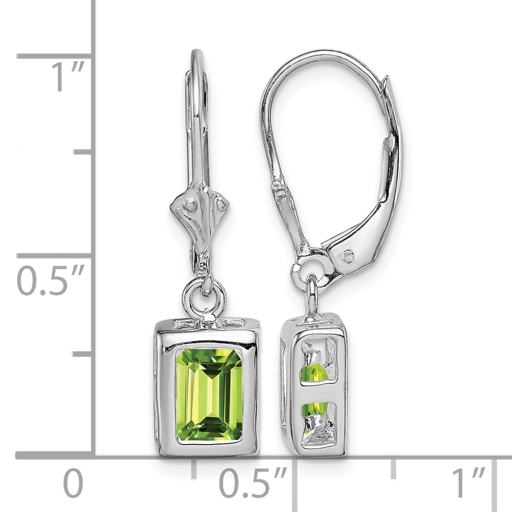 Sterling Silver Rhodium Plated 7x5 Emerald Cut Peridot Leverback Earrings (QE2048PE)