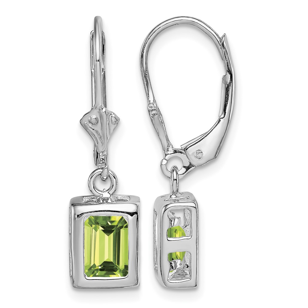 Sterling Silver Rhodium Plated 7x5 Emerald Cut Peridot Leverback Earrings (QE2048PE)