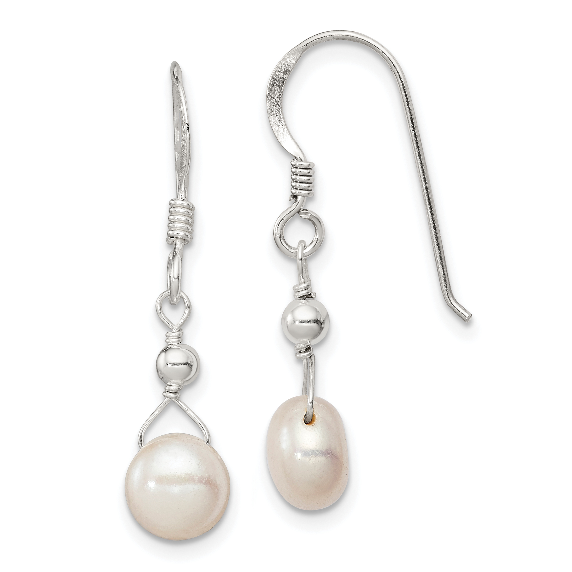 Sterling Silver Polished 7-8mm Freshwater Cultured Pearl Dangle Earrings (QE2054)