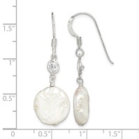 Sterling Silver Polished White 12-13mm Coin Freshwater Cultured Pearl & CZ Dangle Earrings view 4