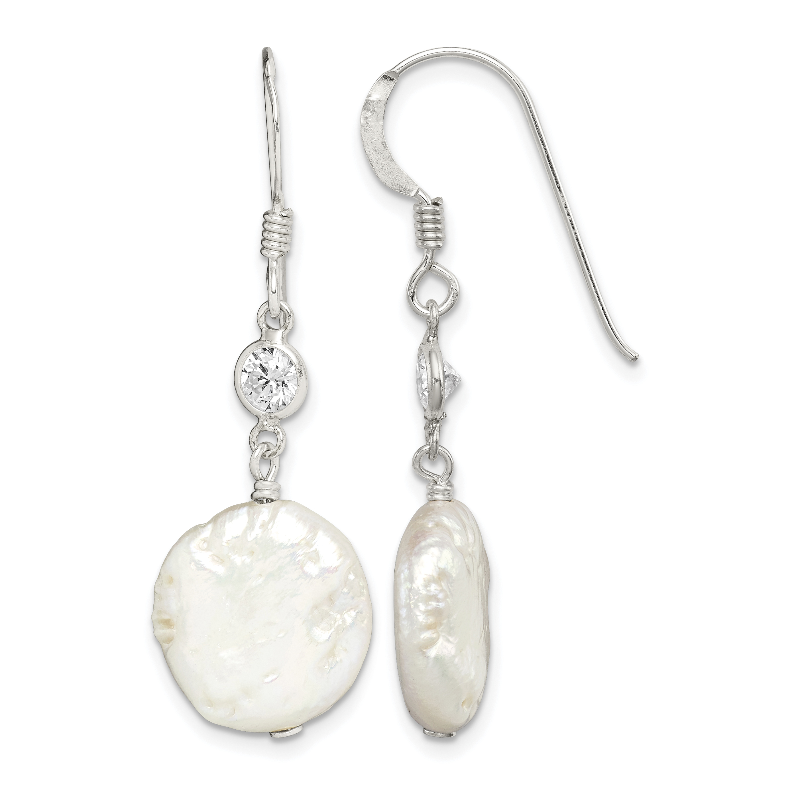Sterling Silver Polished White 12-13mm Coin Freshwater Cultured Pearl & CZ Dangle Earrings (QE2057)