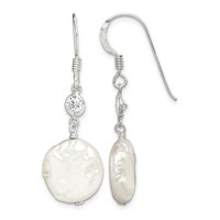 Sterling Silver Polished White 12-13mm Coin Freshwater Cultured Pearl & CZ Dangle Earrings view 1