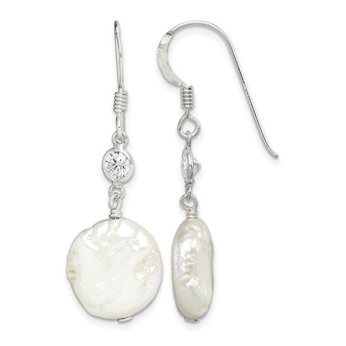 Sterling Silver Polished White 12-13mm Coin Freshwater Cultured Pearl & CZ Dangle Earrings