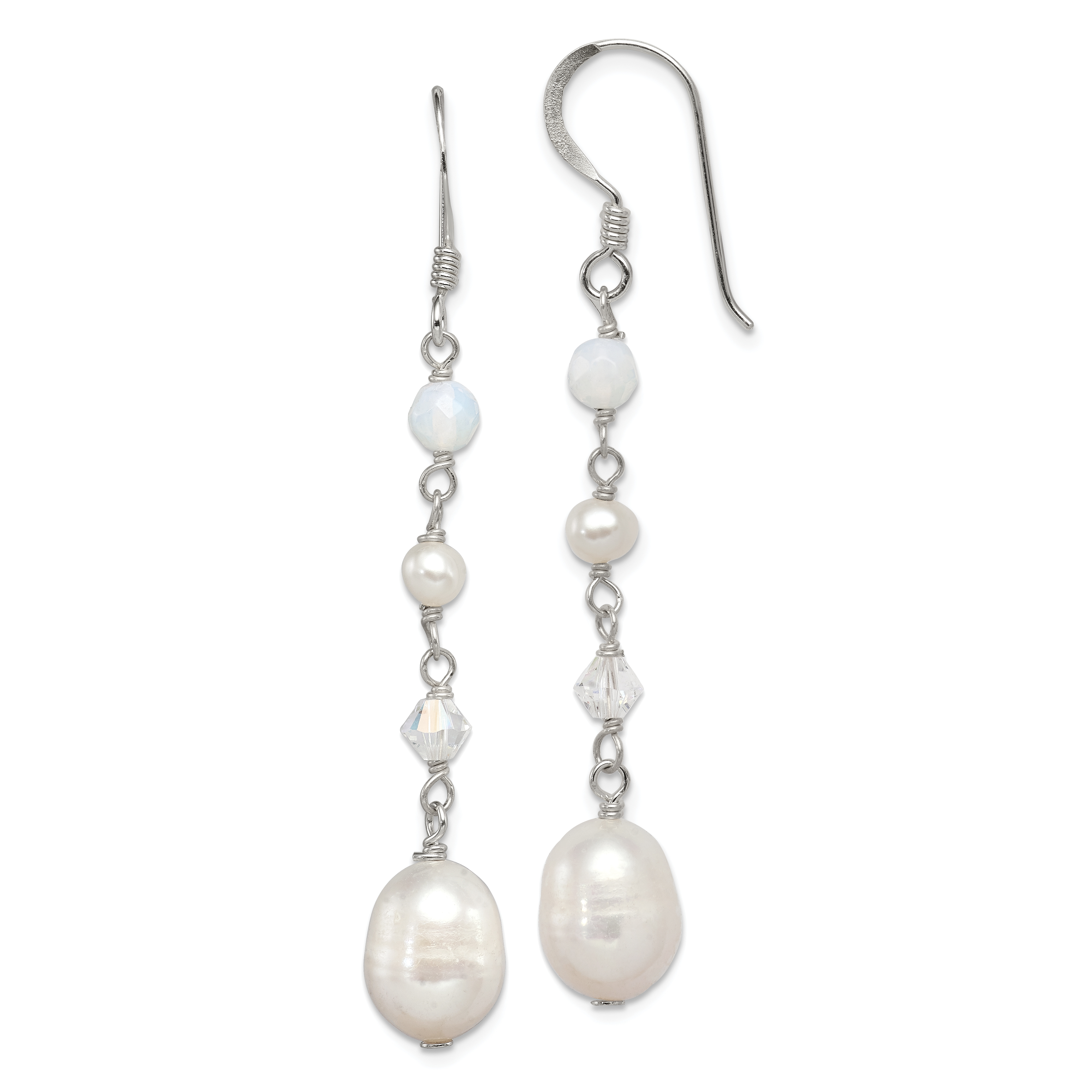 Sterling Silver Polished FWC Pearl/Opalite Crystal/Crystal Dangle Earrings (QE2062)